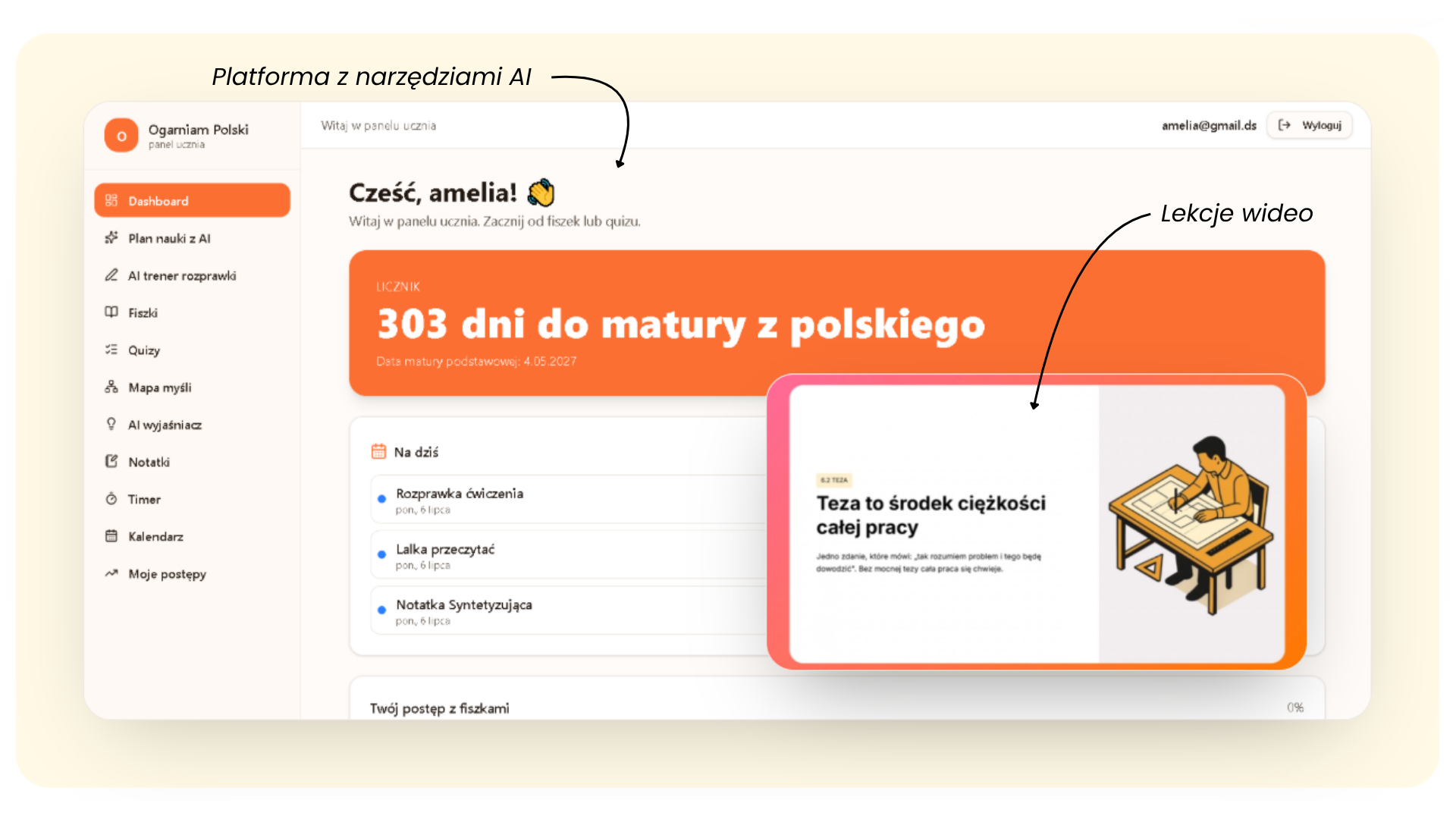 Platforma Ogarniam Polski — panel ucznia z lekcjami wideo